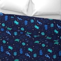 Astronomy constellations - Crabs, lobsters, corals, ships, anchors, shells, stars, sparkling, moons, night sky, teal, blue, pastel yellow, white