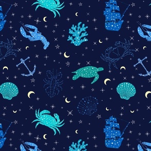 Astronomy constellations - Crabs, lobsters, corals, ships, anchors, shells, stars, sparkling, moons, night sky, teal, blue, pastel yellow, white
