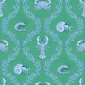 coral and crustacean/blue on green/large