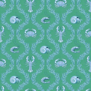 coral and crustacean/blue on green/medium