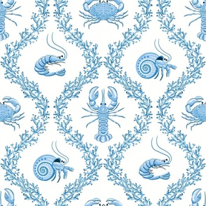 coral and crustacean/blue and white/large