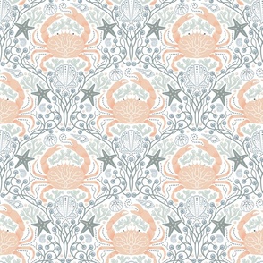 Detailed crabs with sea life, shells, seaweed, starfish and pearls in pastel peach muted green and blue, small