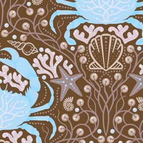 Detailed crabs with sea life, shells, seaweed, starfish and pearls in sky blue on a chocolate brown background, large