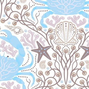 Detailed crabs with sea life, shells, seaweed, starfish and pearls in sky blue and muted warm brown, large