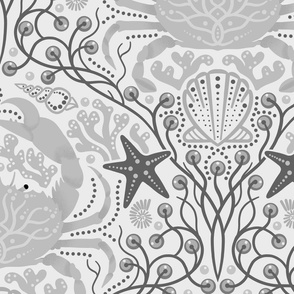 Detailed crabs with sea life, shells, seaweed, starfish and pearls in monotone grey white and black, large