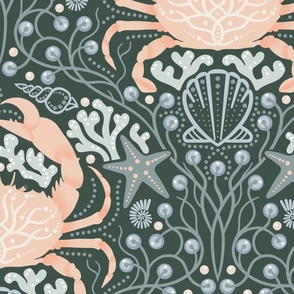 Detailed crabs with sea life, shells, seaweed, starfish and pearls in pastel peach muted green on dark green, large