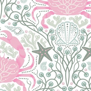 Detailed crabs with sea life, shells, seaweed, starfish and pearls in pastel pink muted green and blue, large