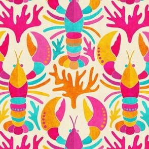 Lobster Damask in Popping Dopamine Colors on Cream - Medium