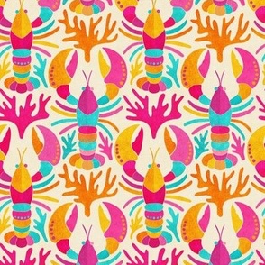 Lobster Damask in Popping Dopamine Colors on Cream - Small
