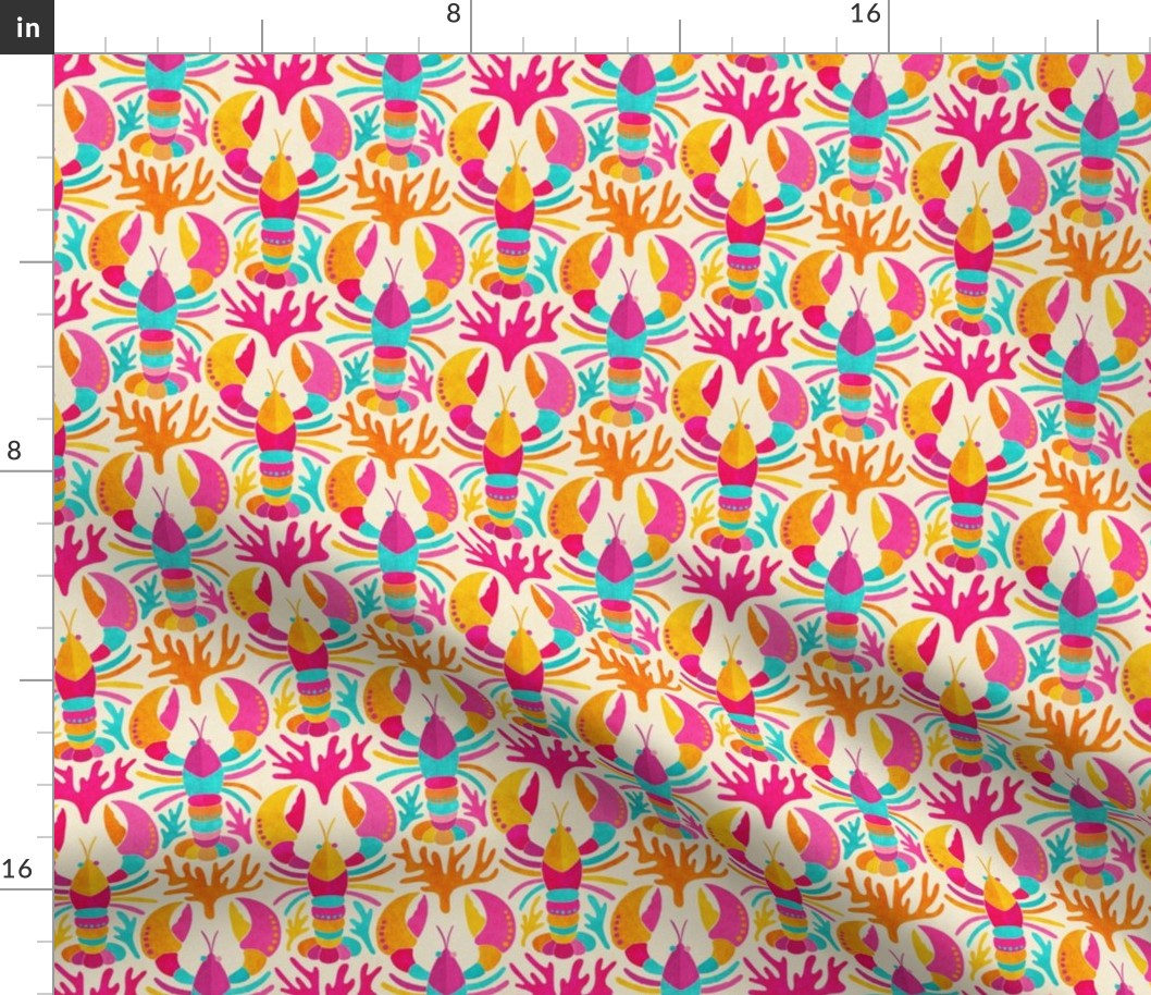 Lobster Damask in Popping Dopamine Colors on Cream - Small