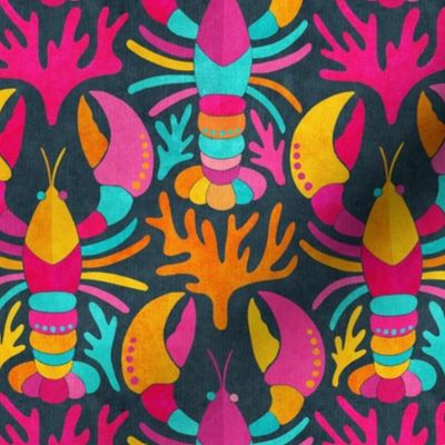 Lobster Damask in Popping Dopamine Colors on Dark - Medium