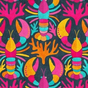 Lobster Damask in Popping Dopamine Colors on Dark - Medium