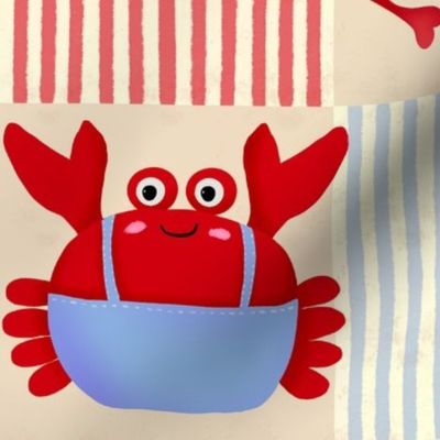 Crustacean Core Whimsical Kawaii Kids Illustrated Crab Shrimp Lobster Starfish Seersucker Stripe Beach Checker Design