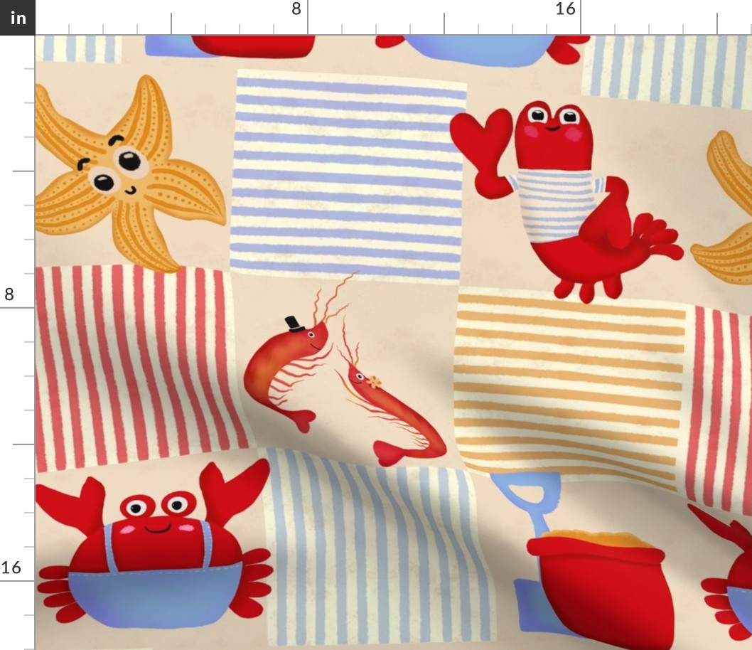 Crustacean Core Whimsical Kawaii Kids Illustrated Crab Shrimp Lobster Starfish Seersucker Stripe Beach Checker Design