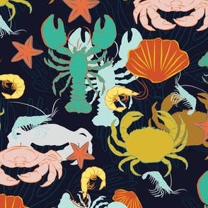 crustacean dark sea//medium scale// Wallpaper, //home decor //fabric