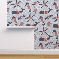 Oceanic creatures ( turtle, whales, seahorse) with texture and a vintage feel, light and dark blue, red and beige