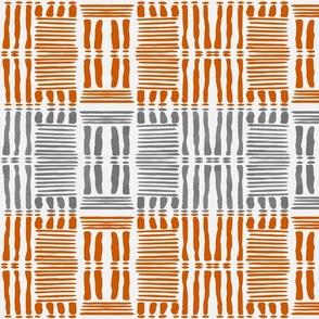 (L) Mudcloth Vertical and Horizontal Stripes with Dots tangerine and Greys