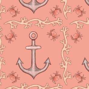 anchor, crabs, seaweed on coral background