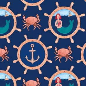 Crabs and lobster, mermaids, and anchors