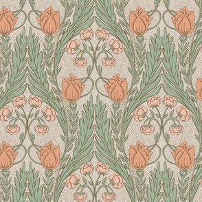 Medium Romantic heritage Art Nouveau Tulip Botanical Wallpaper in green and pink