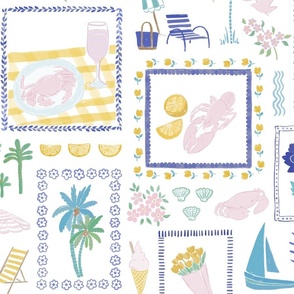 Shellfish Summervibes - patchwork style fabric with shellfish palms crabs lobster swimsuit shells swimwear flowers ice creams and waves - beachy fun painterly summer style