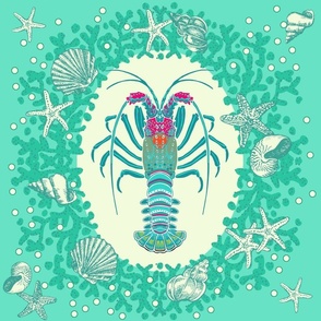 large-Lovely Lobster with coral and shells - sea green