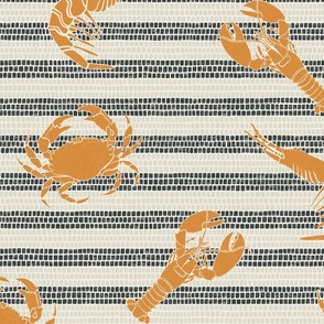 Lobster, prawns and crabs on nautical mosaic stripe background in navy blue, white and orange