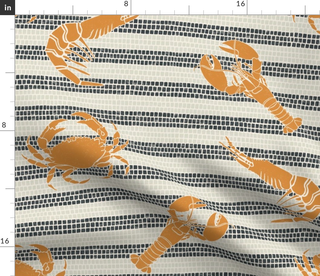 Lobster, prawns and crabs on nautical mosaic stripe background in navy blue, white and orange