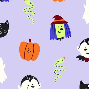 (LARGE) Cute Halloween Gang in whimsical colors for kids on Dark Background