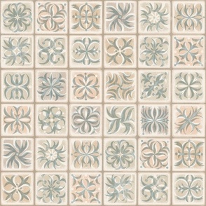 Rustic patterned Ceramic Tiles / medium scale col 2 peach creams and blue gray