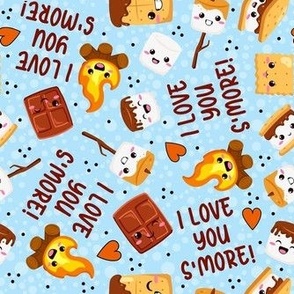 Large Scale I Love You S'More! Summer Campfire Kawaii Face Smores on Blue