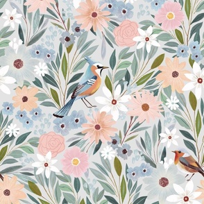 Lush bird garden in soft delicate light blue