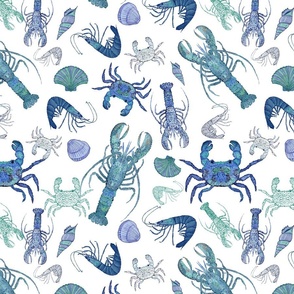 Crustaceans in Seagrass - lobsters, crabs & shrimp and dgrlla in blue & teal