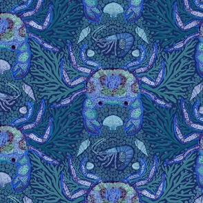 Crustaceans in Seagrass - crabs & prawns in blue & teal 
