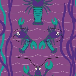 Large - Aqua and Purple Lobsters Dancing Under the Sea on Plum Purple