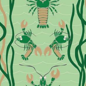 Large - Green and Sand Lobsters Dancing Under the Sea on Celadon Green