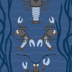 Large - Grey and Pastel Blue Lobsters Dancing Under the Sea on Sapphire Blue