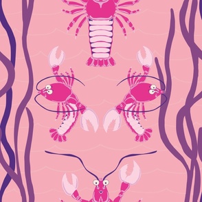 Large - Magenta and Blush Pink Lobsters Dancing Under the Sea on Carnation Pink
