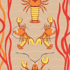 Large - Orange and Yellow Lobsters Dancing Under the Sea on Honey Peach