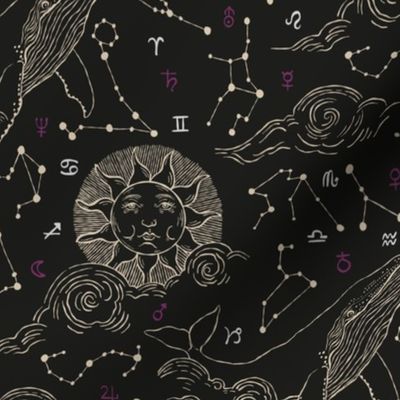 (M) Mysterious sky whales and zodiac signs black