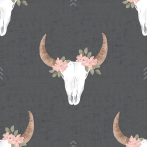 Southwestern Floral Cow Skulls in Rustic Black Wallpaper (Jumbo)