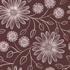 elegant floral line art - dark reddish brown and white - burgundy hand drawn botanical
