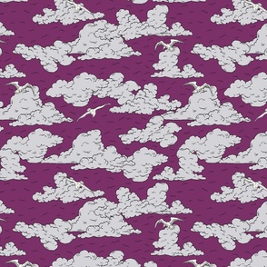 (M) Mysterious sky clouds and birds purple