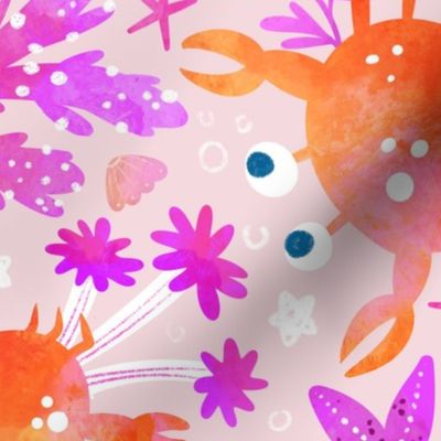 Ocean friends playtime | Crab and starfishes I peach background