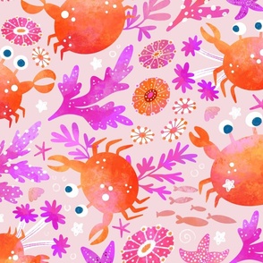 Ocean friends playtime | Crab and starfishes I peach background