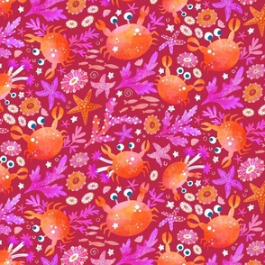 Ocean friends playtime | Crab and starfishes I viva magenta background 