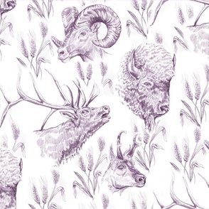 Wild Game in Gray Purple; Western Vintage Toile, Wild Game, Elk, Buffalo, Antelope, Hunting