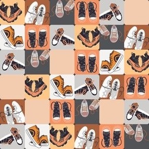 Colorful sneakers (S) on the checkerboard - grey, peach, salmon orange, yellow, black