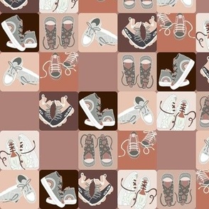 Colorful sneakers 9"x 9" on the checkerboard - marsala red, grey, peach, brown