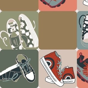 Colorful sneakers (XL) on the checkerboard - army green, red, peach, light cerulean cyan, beige
